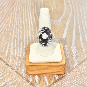 Silver Tone Celestial Sun Moon Stars Ring Crystal Center Boho Statement Size 10